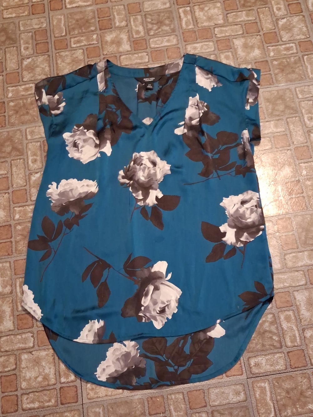 Simply Vera Vera Wang Teal Floral V-Neck Blouse Size Xsmall